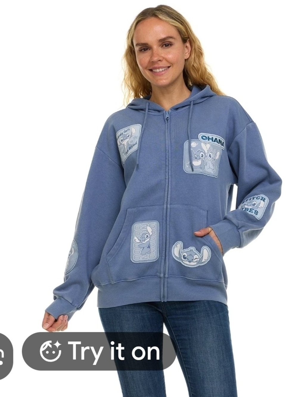Blue Zip-Up Hoodie with Patch Graphics